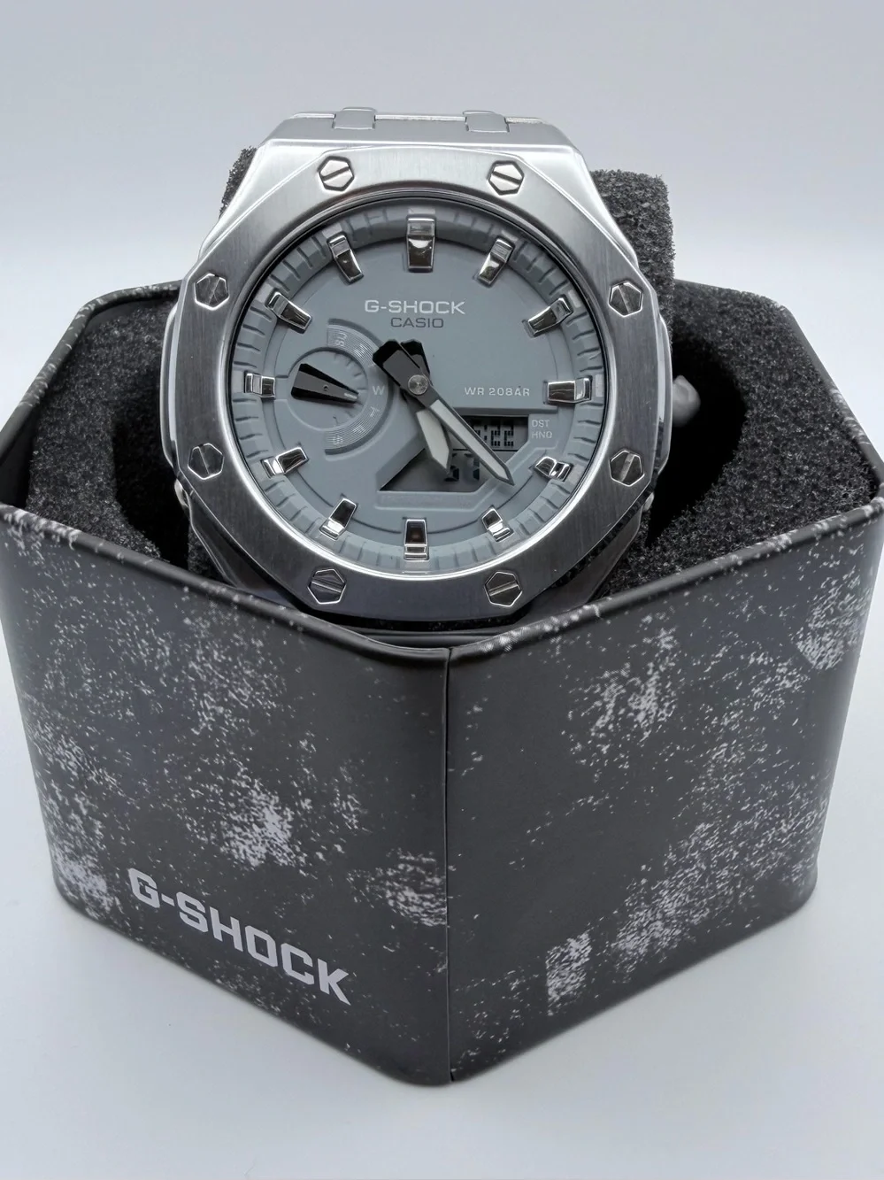 Custom Modded G-Shock Silver and Gray Octagonal Metal Watch